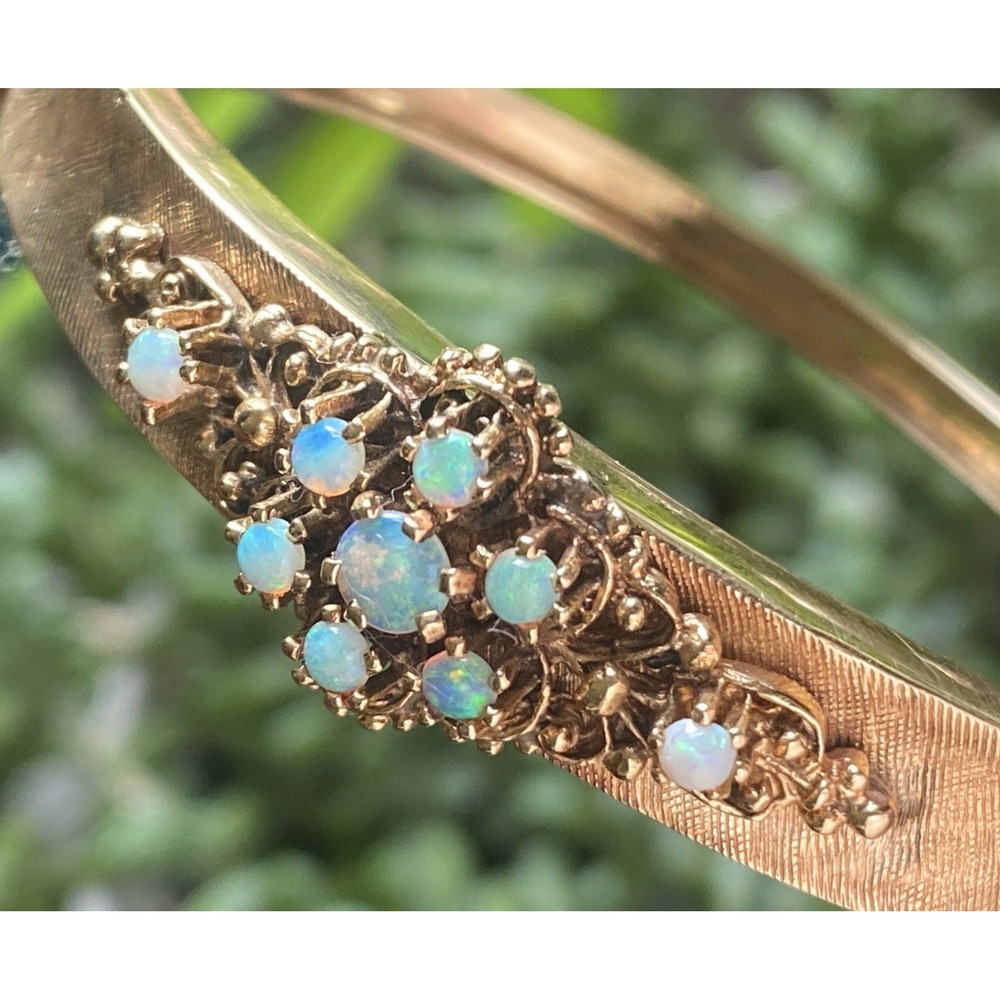 VINTAGE 14K YELLOW GOLD OPAL GEMSTONE BANGLE BRACELET ESTATE JEWELRY‎ 6.5"